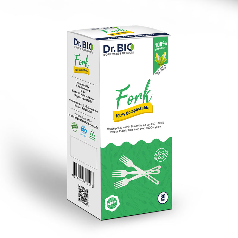 Biodegradable Fork, compostable fork, disposable forks, forks, Eco Fork, Biodegradable Cutlery, Green Dining Fork,  Corn Starch Material, CPCB Certified Fork,  Dr. Bio Green Fork, Dr. Bio, Eco-Friendly Waste Management, Green Living Essentials"