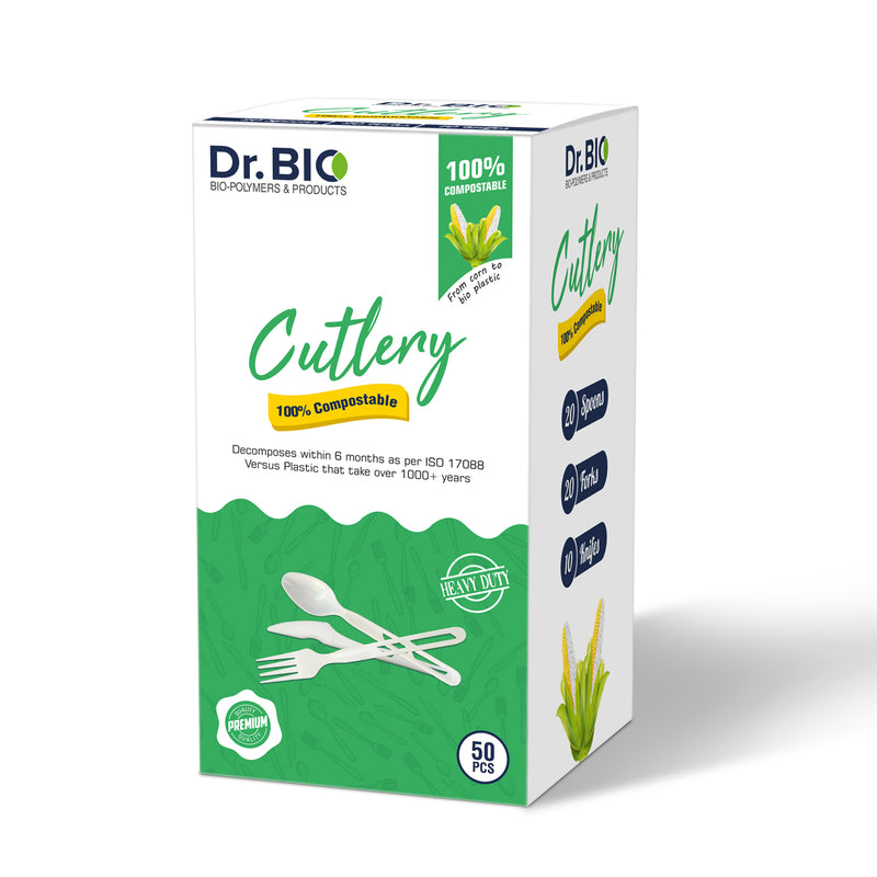 Dr. Bio Compostable Cutlery Mix Pack of 50 Pcs. | 20 Spoons, 20 Fork, 10 Knife| Heavy Duty, Eco Friendly, CPCB Certified Made of Corn Starch Thick Quality