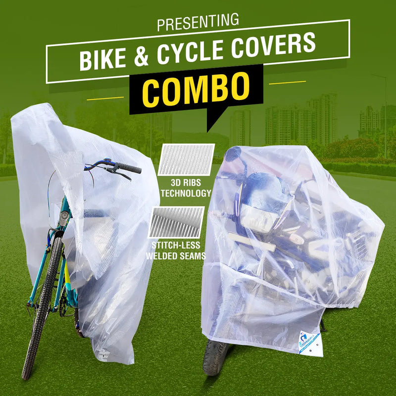 Bike and Cycle Cover Combo | Universal Size, UV Protection & Water Resistant, Dustproof Plastic Bike Body Cover for Two Wheeler Scooter, Motor Cycle
