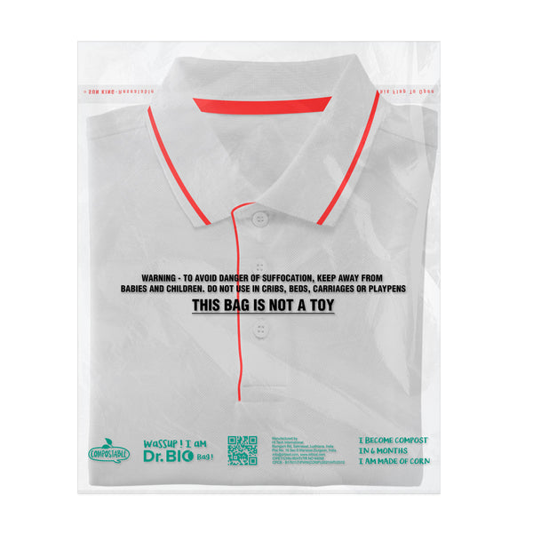Shirt Bag, T-shirt bag, CPCB Certified Bags, Corn Starch Material, Dr. Bio Green Bags, Environmental Conscious Waste Disposal, Garment Packaging bags, Compostable Garment Packaging bags, Flap Bags