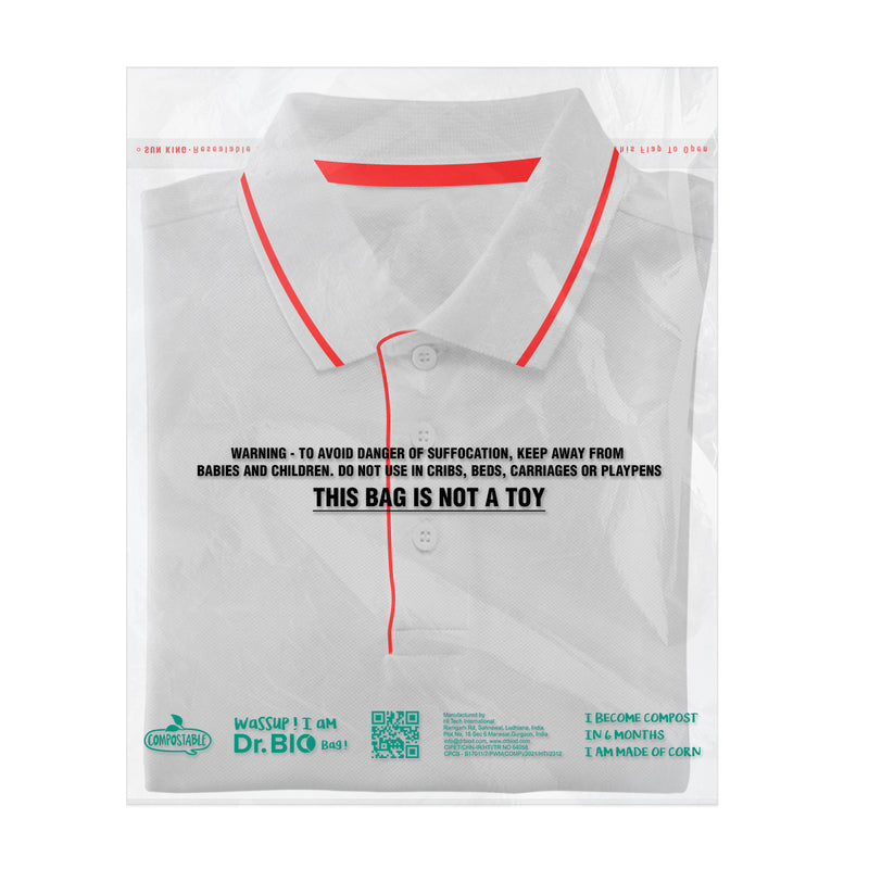 Dr. Bio Compostable Transparent Flap Bags for Garment Packaging T-shirt Trousers Jeans and shirt storage bag a Sustainable Solution for a Greener Future 4000 Pieces(11.5x14.5 Inch)