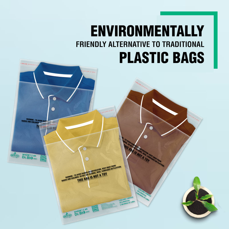 Shirt Bag, T-shirt bag, CPCB Certified Bags, Corn Starch Material, Dr. Bio Green Bags, Environmental Conscious Waste Disposal, Garment Packaging bags, Compostable Garment Packaging bags, Flap Bags