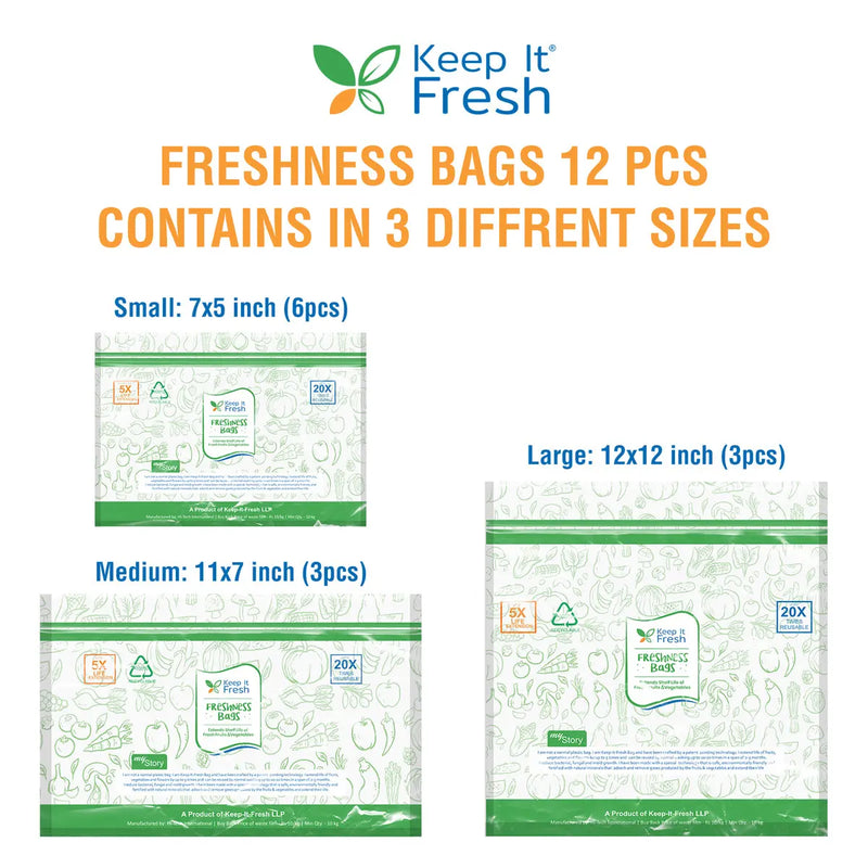 KEEP IT FRESH ZIP LOCK BAGS 12 pcs - 3L, 3M, 6 Small | Re-Sealable Zipper for extending shelf life of Fruits, Vegetables and Flowers | Refrigerator bags | Usable up to 3 Months - Purchasekart