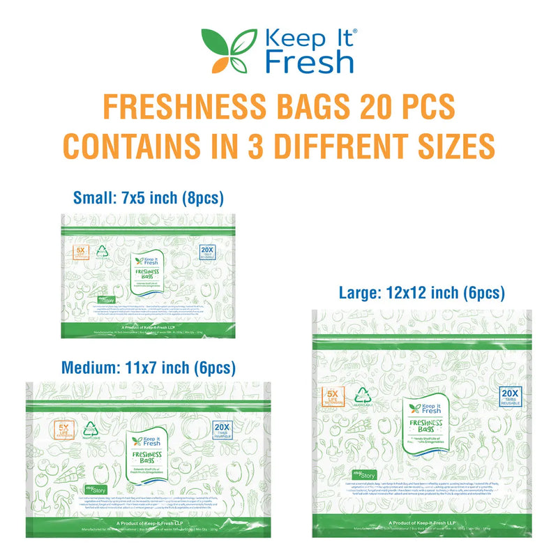 Freshness Bag ZIP LOCK BAGS 20 Pcs ( Mixed size pack) | Large 12x12 Inches (6 Pcs), Medium 11x7 Inches (6 Pcs), Small 7x5 Inches (8 Pcs)  Purchasekart KEEP IT FRESH Pack-of-1