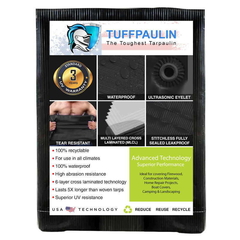 Tarpaulin Black Tirpal Tadpatri Tharpai Thadika, Extra Strong, Reinforced Eyelets, UV Resistant, 100% Waterproof Virgin, 6 Layer MLCL 3D Rib Technology