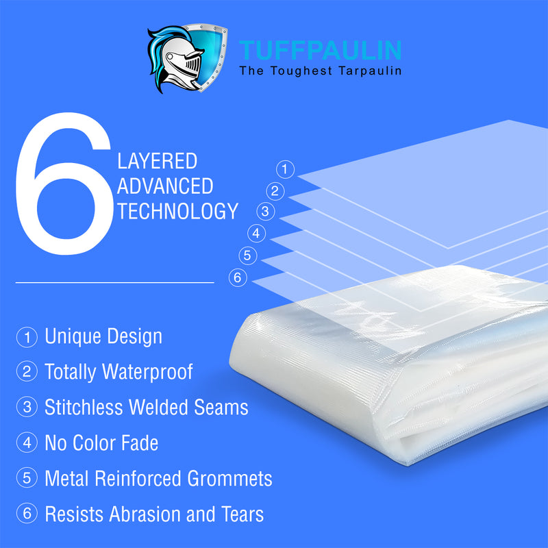 Tarpaulin White Tirpal Tadpatri Tharpai Thadika, Extra Strong, Reinforced Eyelets, UV Resistant, 100% Waterproof Virgin, 6 Layer MLCL 3D Ribs Technology